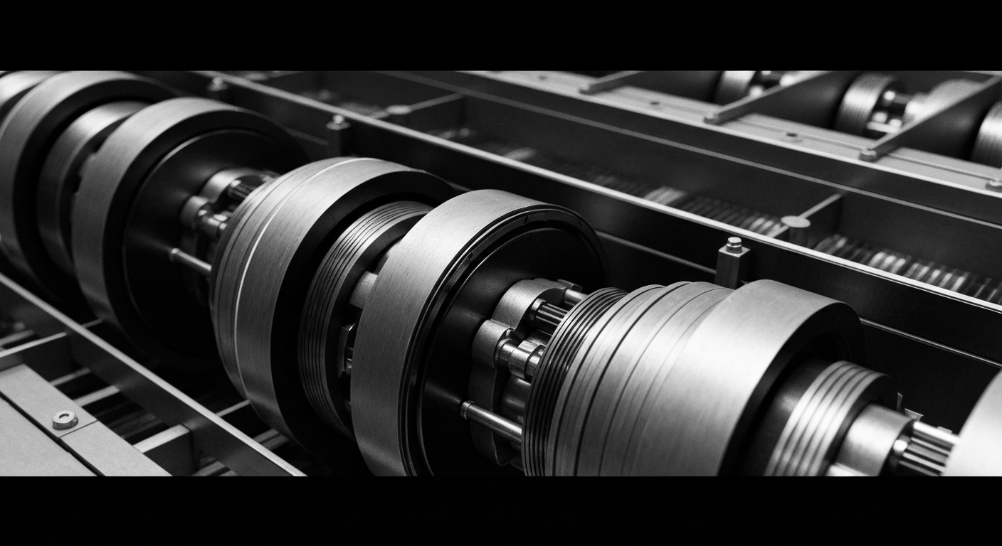 A high-contrast, black and white close-up image of complex banking machinery and financial infrastructure, conveying the impersonal power of institutional finance as a metaphor for the investment in a pharmaceutical company.