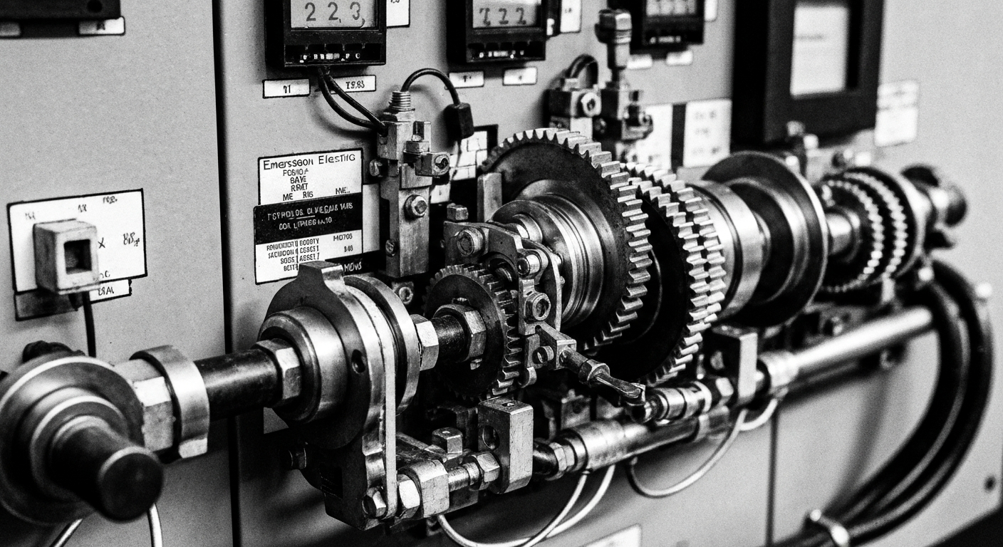 A high-contrast black and white close-up image of the gears, switches, and mechanisms of an industrial control panel, representing the complex technology that Emerson Electric provides to industrial clients.