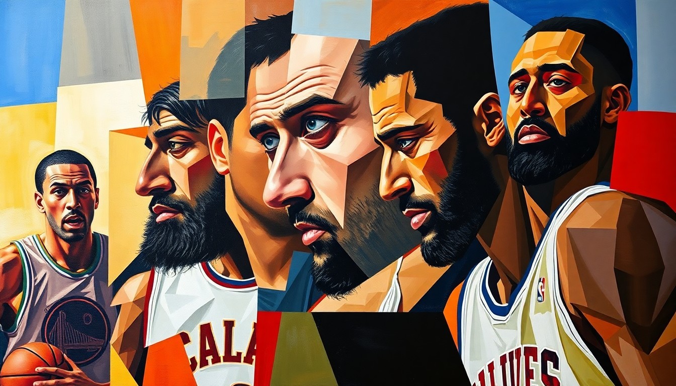 A fragmented, geometric painting depicting the fluid motion and athleticism of a basketball player, with their form broken down into overlapping planes of color and shape.