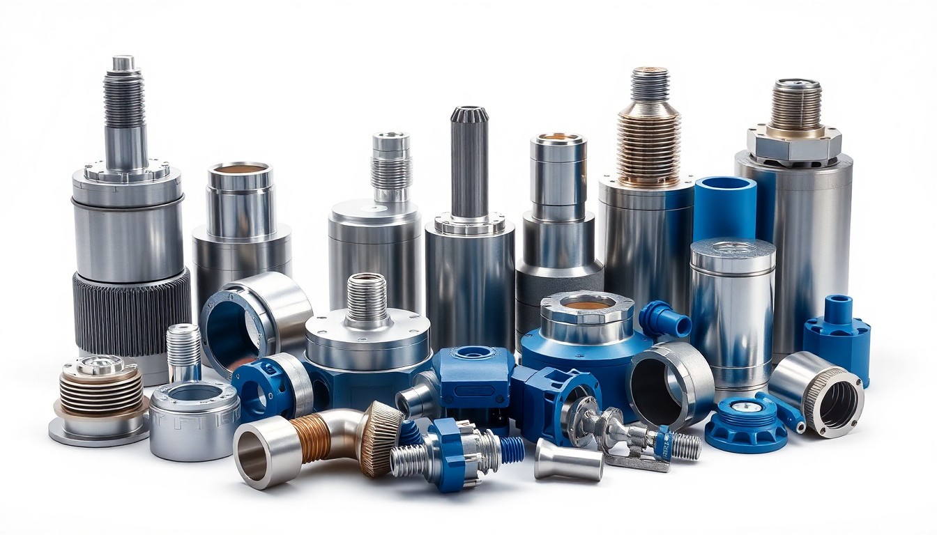 A high-end, photorealistic studio still-life photograph featuring a collection of precision-engineered metal and plastic components in various shades of silver, grey, and blue, arranged elegantly on a clean white seamless background, conceptually representing the diverse manufacturing capabilities of Iowa businesses.