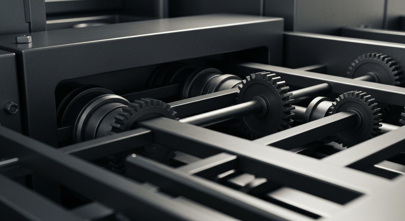An extreme close-up of the complex, interlocking gears and mechanisms of an industrial-scale commercial food preparation machine, conceptually representing the sophisticated financial and operational infrastructure behind a major fast-food corporation.