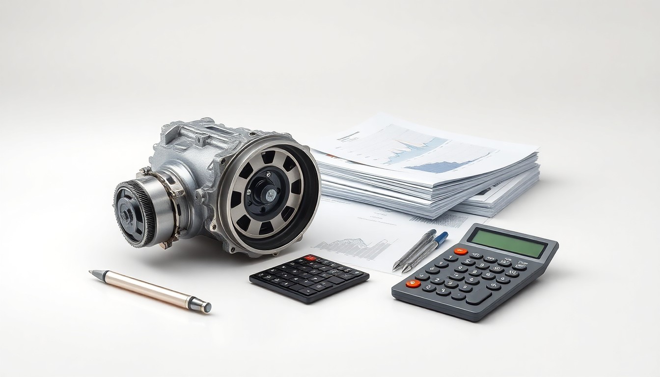 A photorealistic studio image featuring a polished metal engine component, a stack of financial reports, and a calculator on a clean, monochromatic background, symbolizing the abstract concepts of corporate strategy, finance, and market performance in the engine manufacturing industry.