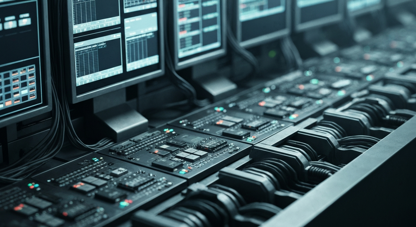 A highly detailed, textured close-up image of the inner components and circuitry of a stock trading terminal, conveying the intricate and powerful nature of institutional investment decisions.