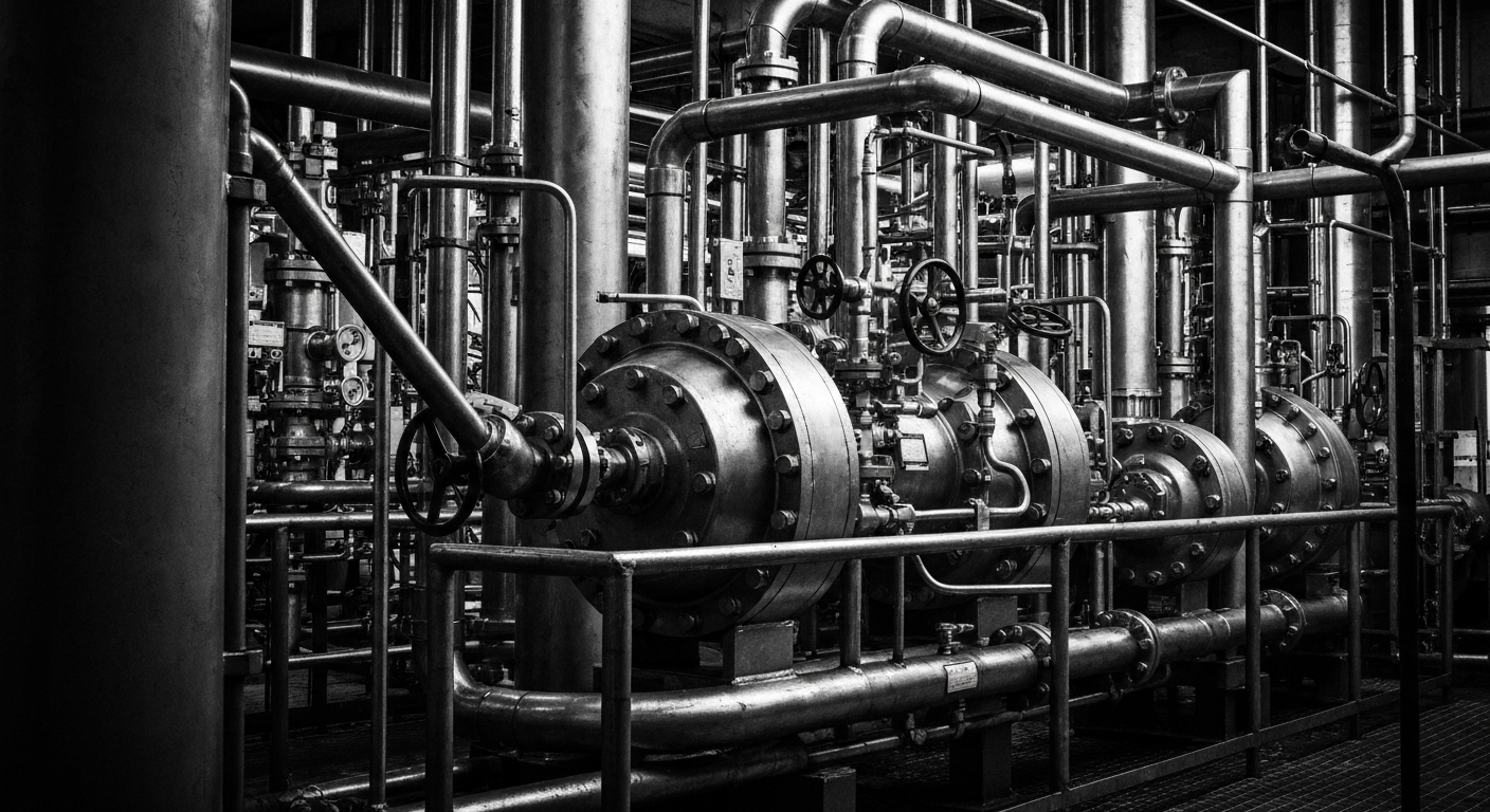 A high-contrast, black-and-white close-up image of complex industrial machinery, representing the intricate production and distribution systems of the industrial gas industry.