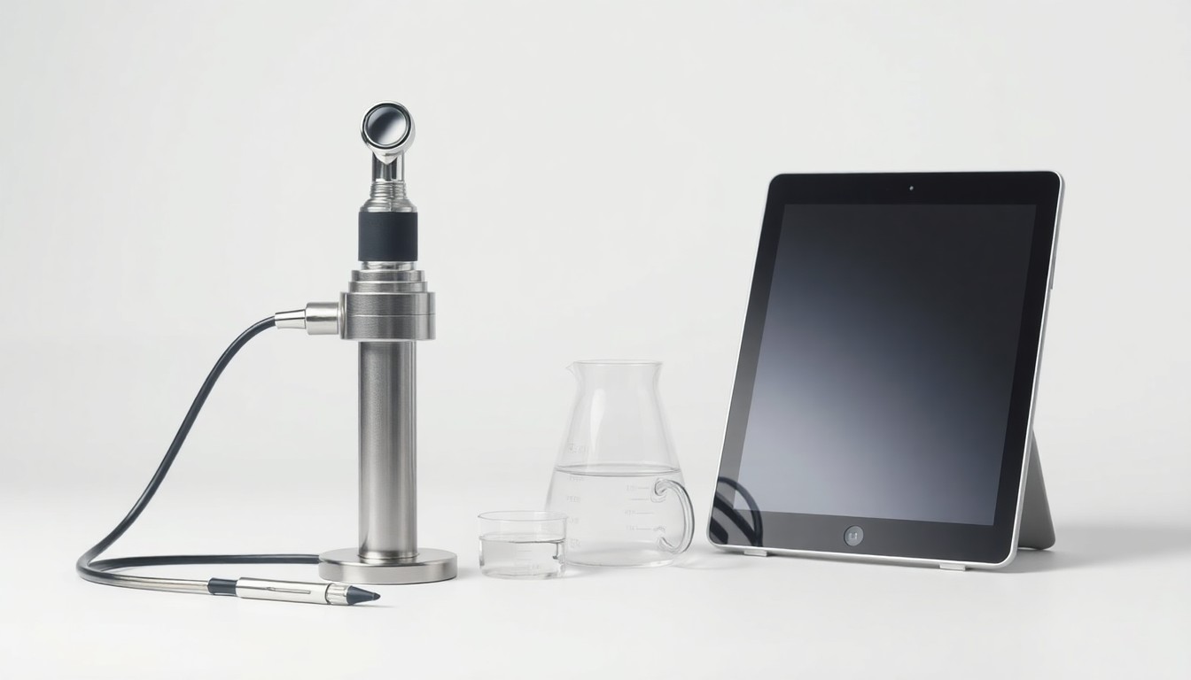 A photorealistic studio shot of a polished metal veterinary diagnostic instrument, a glass beaker, and a tablet computer arranged elegantly on a clean white background, conveying the precision and innovation of the animal health industry.