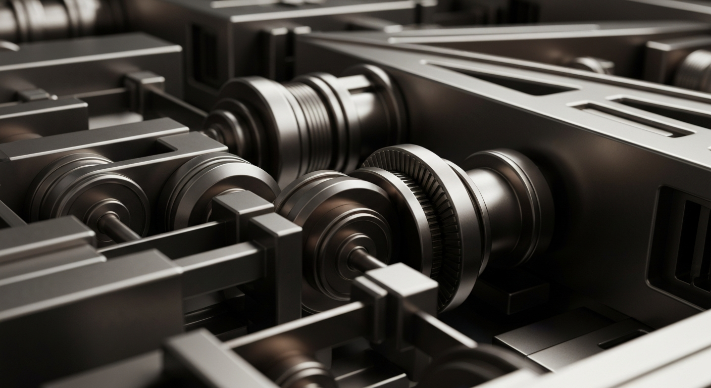 An extreme close-up of intricate, interlocking gears and levers in a heavy, industrial banking mechanism, conveying a sense of the secure, powerful infrastructure underlying global finance.