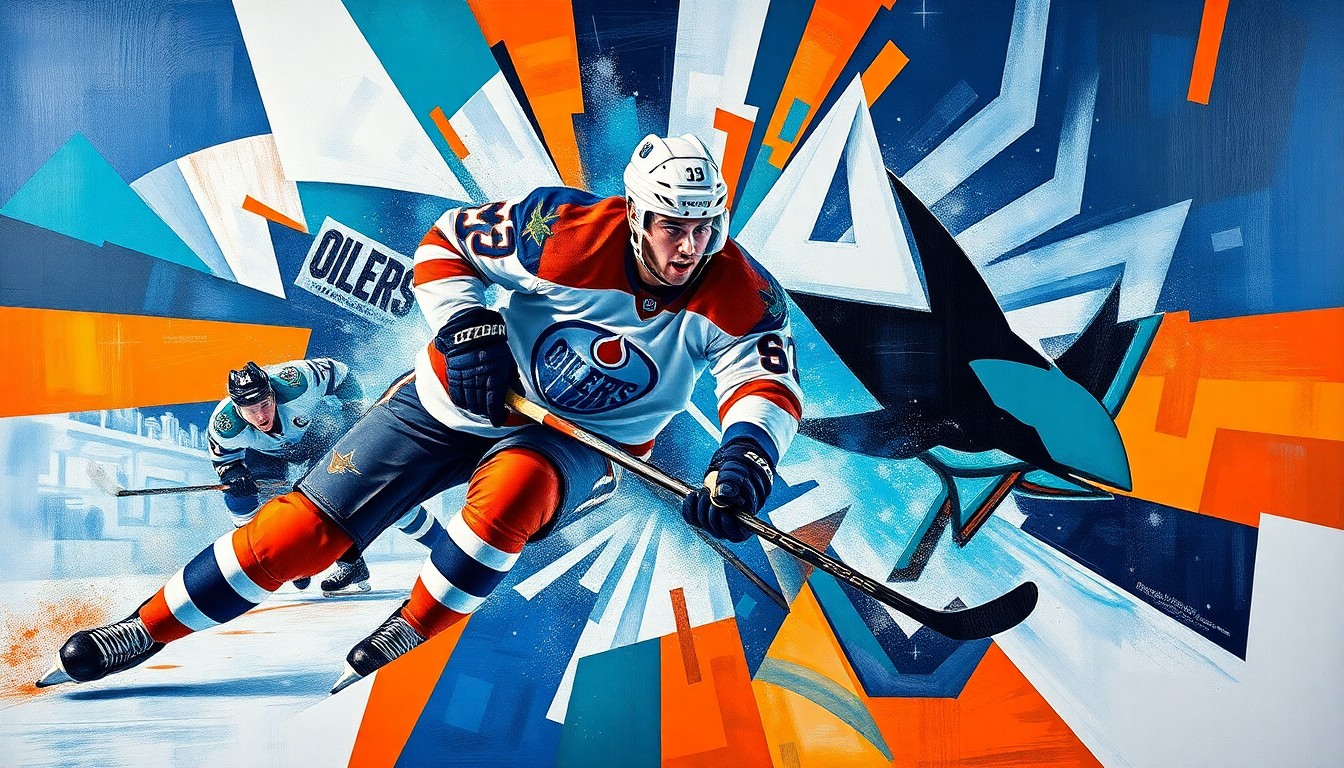 A fractured, multi-perspective painting depicting the intense action of a hockey game, with Connor McDavid's explosive movements and scoring plays at the center of the abstract, geometric composition.