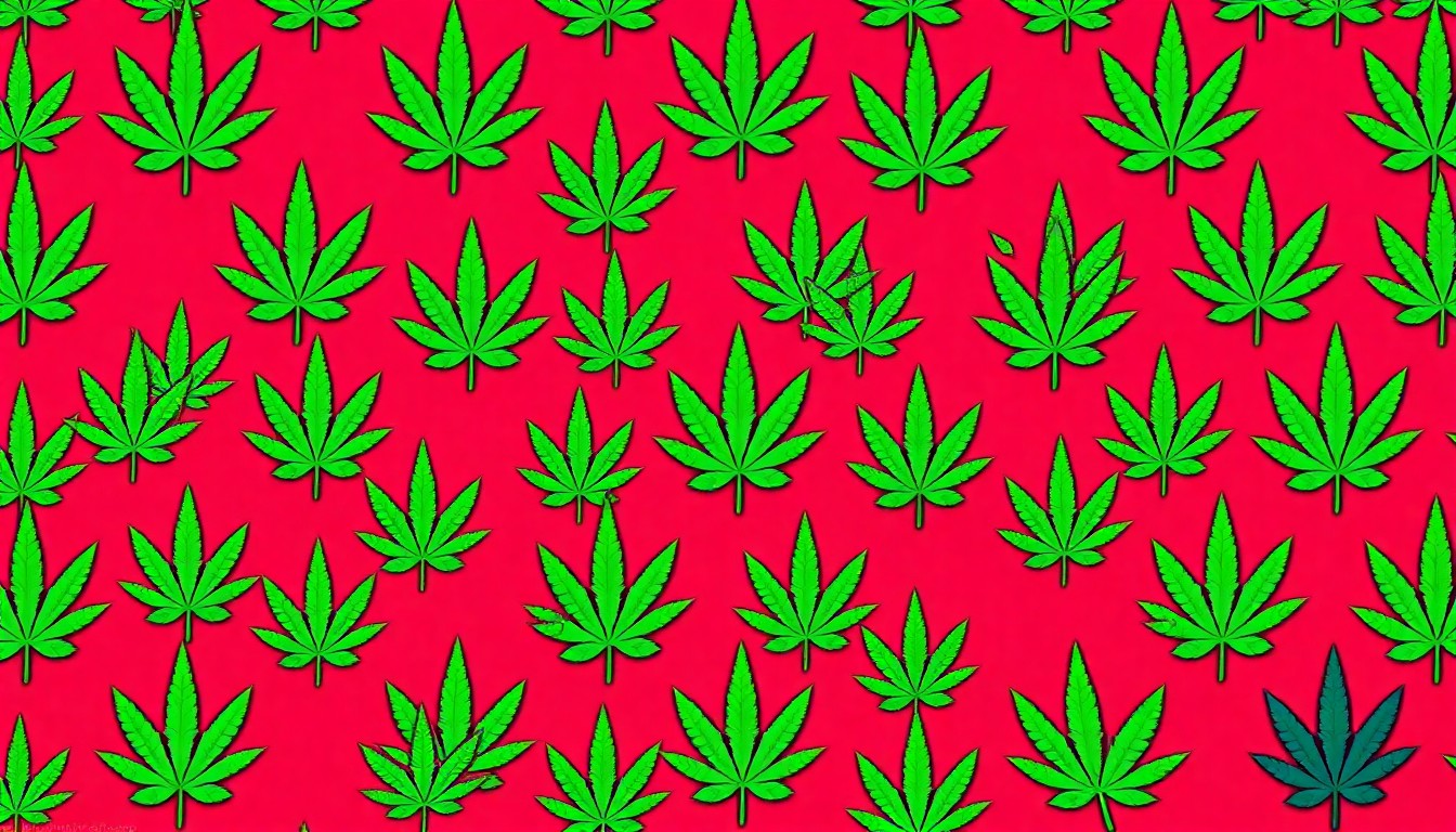 A bold, colorful silkscreen-style illustration featuring a repeating pattern of a stylized hemp leaf icon in neon shades of green, blue, and pink, with heavy black outlines, conceptually representing the vibrant energy and determination of the Moscow Hemp Fest.