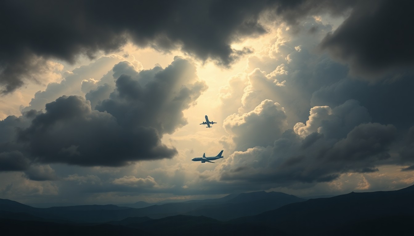 A sweeping, atmospheric landscape painting with heavy, dramatic brushstrokes depicting a small, obscured airplane silhouette against a turbulent sky, conveying the fragility of human flight in the face of the overwhelming natural world.