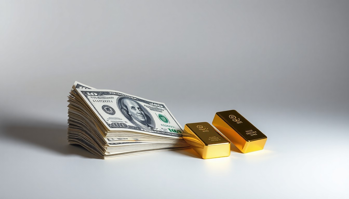 A high-end, photorealistic studio still-life photograph featuring a stack of U.S. dollar bills, a stock trading chart, and a pair of gold bullion bars arranged elegantly on a clean, monochromatic background, conceptually representing the integration of traditional finance and cryptocurrency trading.
