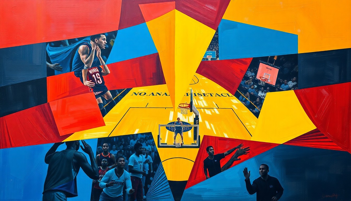 A fragmented, geometric painting in bold colors depicting a WNBA basketball game in motion, with players and the court broken down into sharp, overlapping planes.