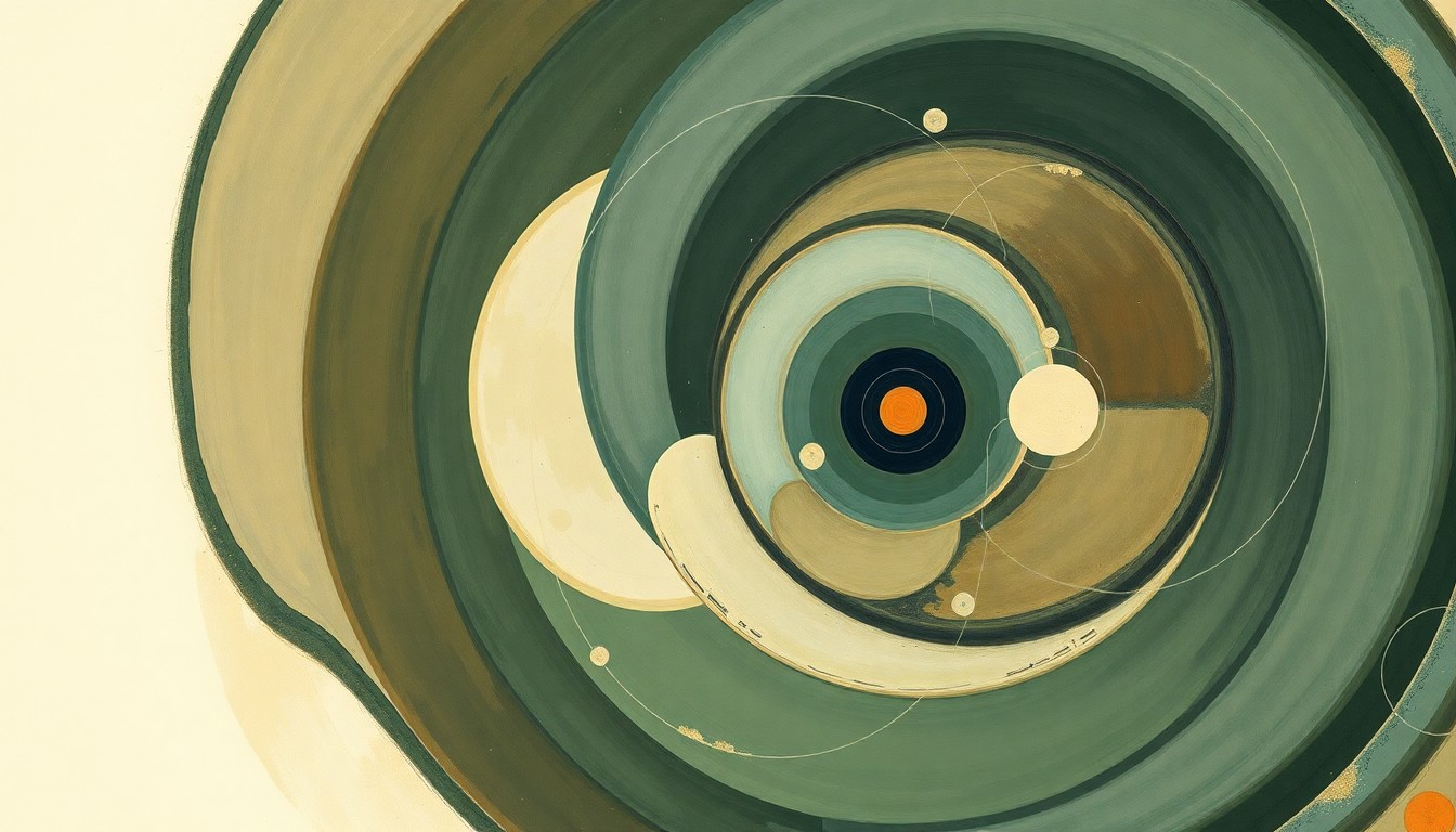 A highly textured abstract painting in earthy tones of green, blue, and brown, featuring sweeping geometric arcs, concentric circles, and precise botanical spirals, conveying a sense of the complex evolutionary forces that shaped the prehistoric marine life of the cephalopod family.