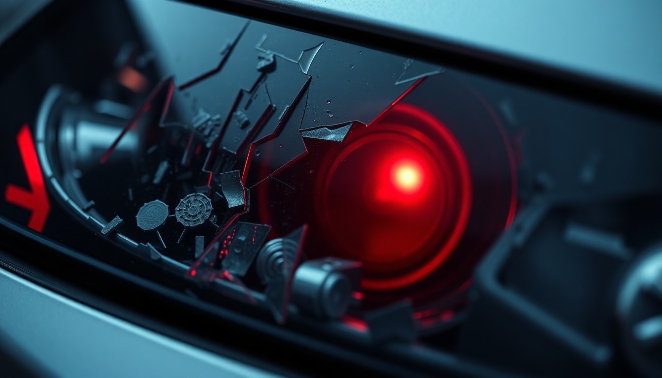 An extreme close-up photograph of a shattered car sensor lens reflecting a faint red light, conceptually representing the devastating impact of a fatal drunk-driving incident.