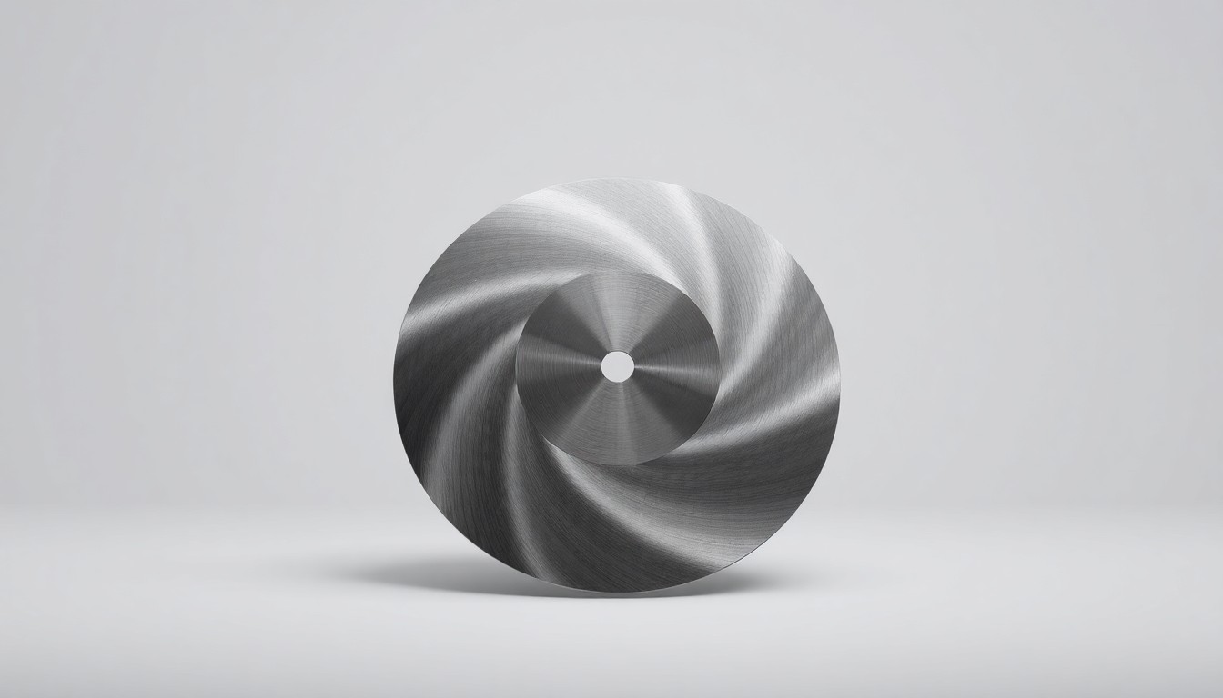 A photorealistic studio still life photograph featuring a polished, geometric metal lawn mower blade floating on a clean, monochromatic background, representing the precision and quality of Toro's outdoor power equipment.