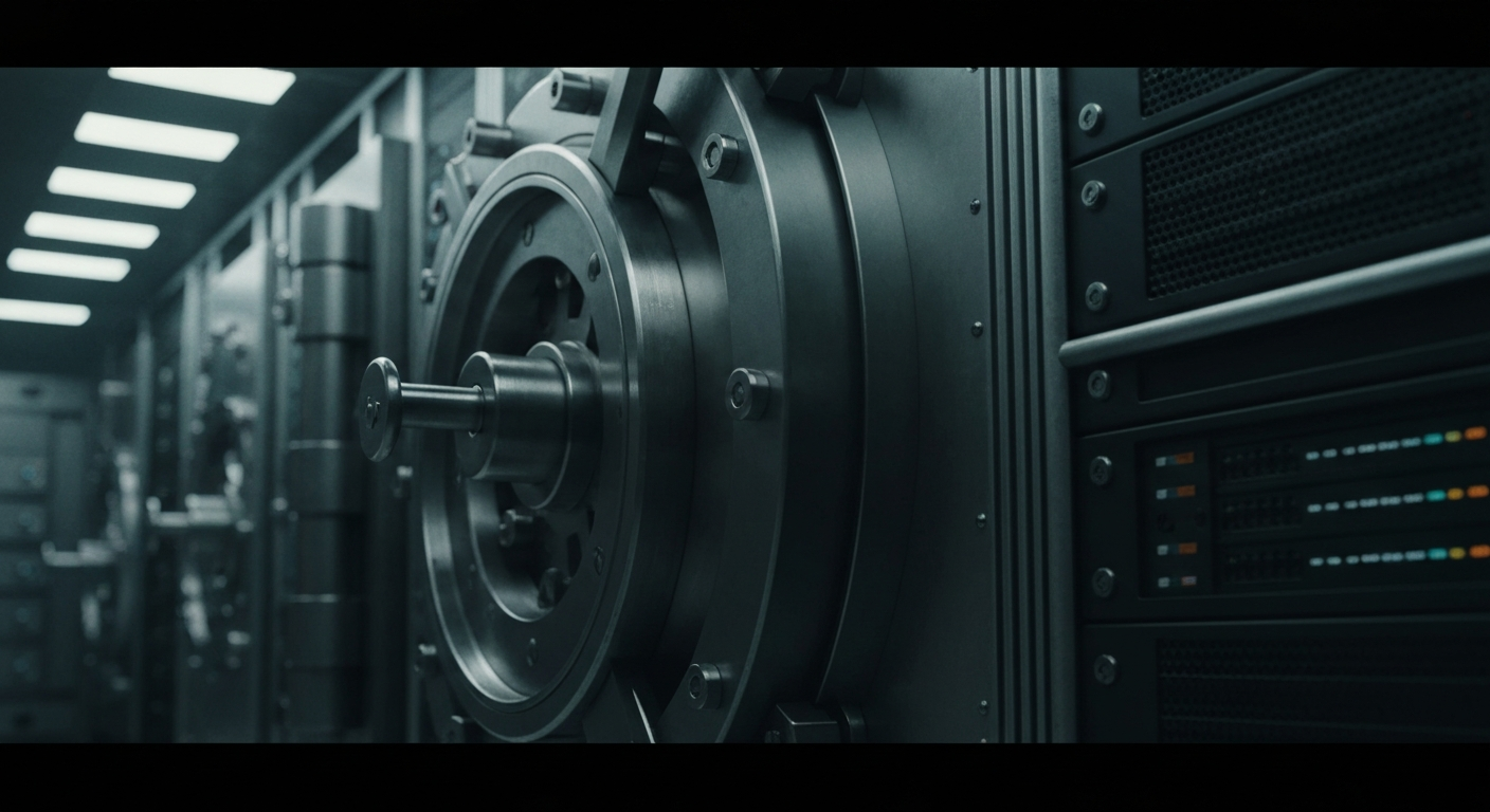 An extreme close-up of a series of metal gears, levers, and panels, representing the heavy, tangible infrastructure of the banking and finance industry.