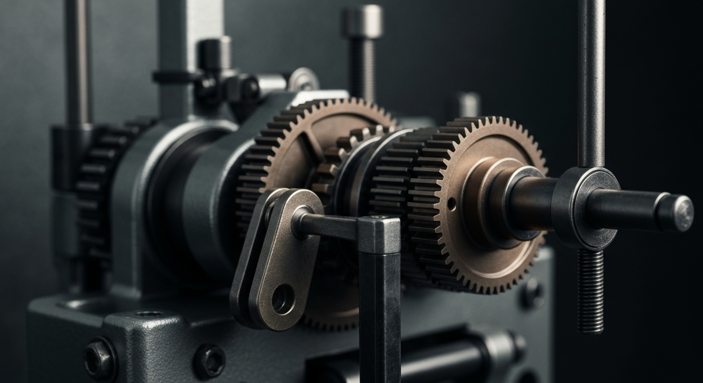 An extreme close-up of a series of gears, levers, and metal components that make up the inner workings of a banking machine, conveying the idea of the heavy, tangible mechanics that underpin the financial system.