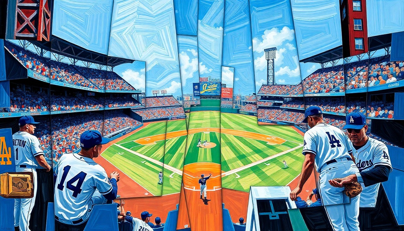 A fractured, multi-perspective painting in vibrant blues and whites, breaking down a baseball game or match into sharp, overlapping geometric planes, conceptually representing the strategic and athletic legacy of Dodgers legend Davey Lopes.