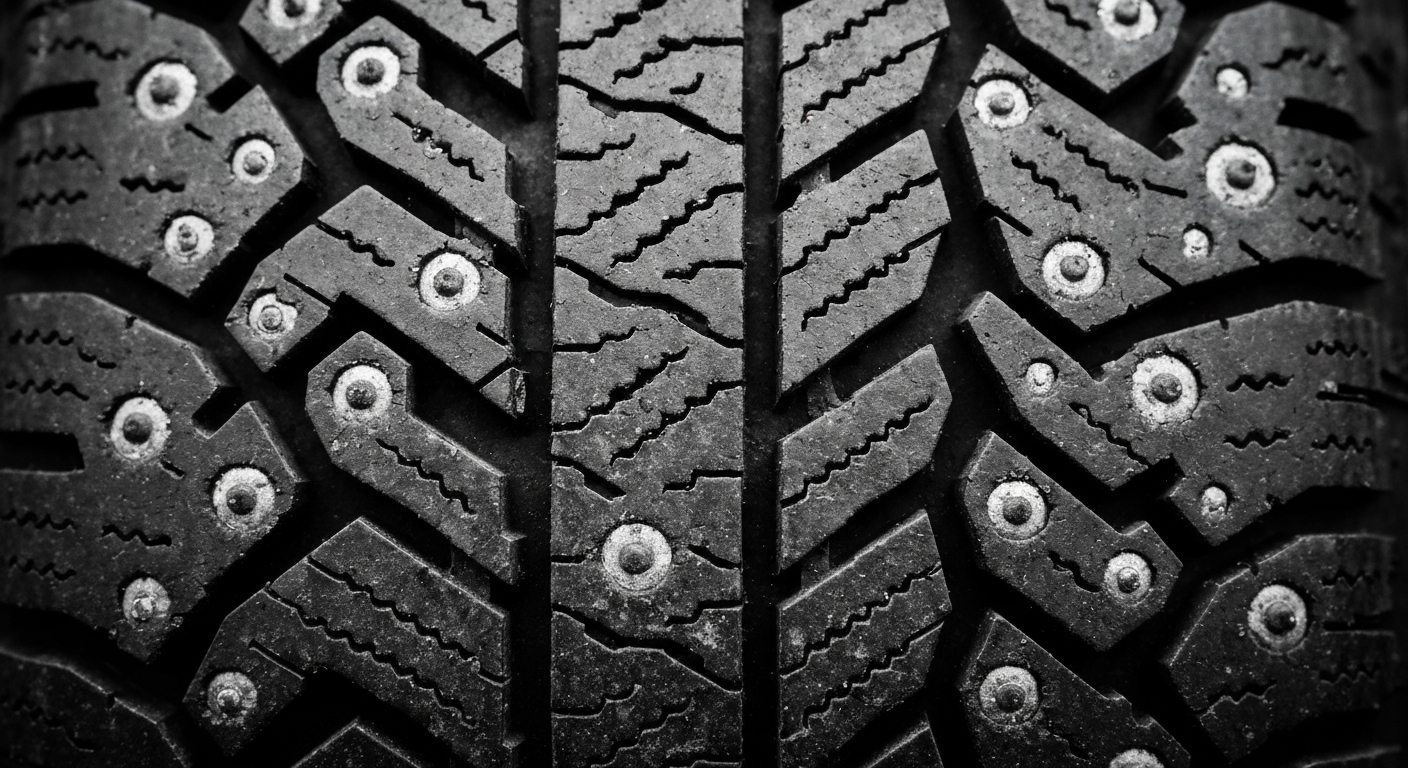 An extreme close-up of the textured surface of a worn, studded tire tread, with the individual metal studs and rubber grooves visible in dramatic lighting, conceptually illustrating the damage these tires can do to roads.