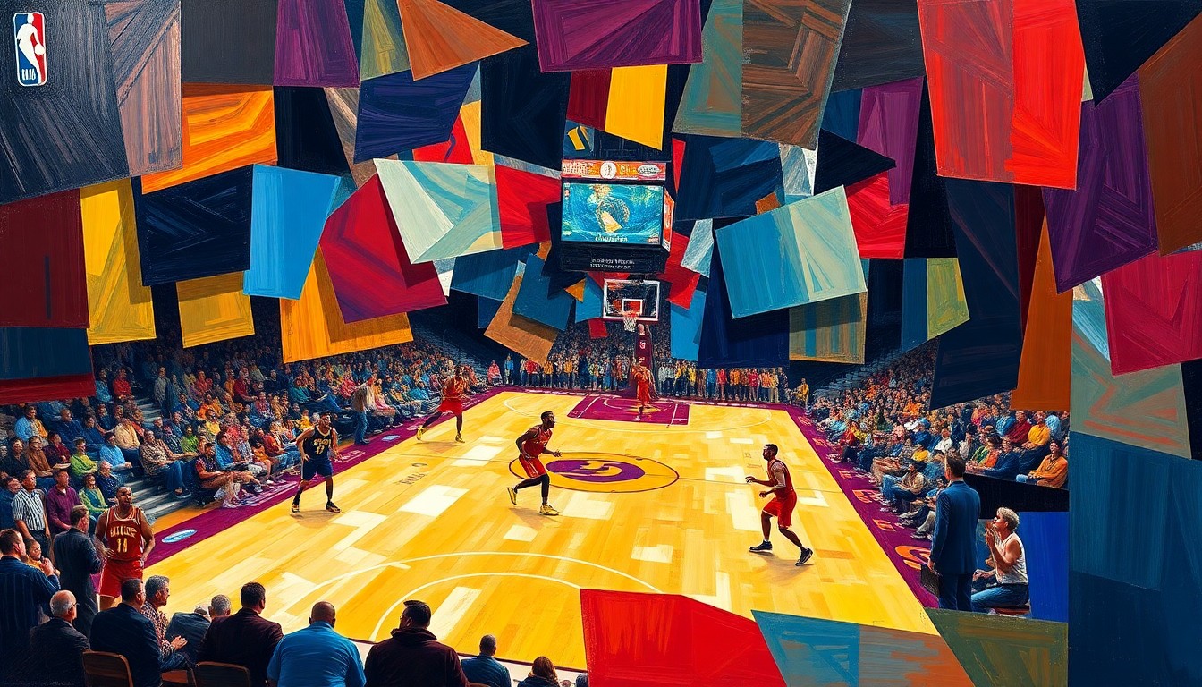 A fractured, multi-perspective painting breaking down a basketball game into sharp, overlapping geometric planes in vibrant colors representing the teams' uniforms.