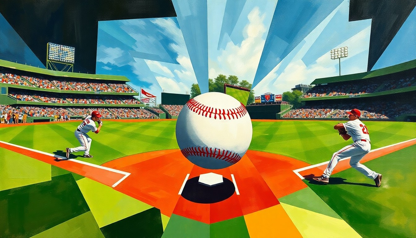 A cubist, geometric painting depicting a baseball game in progress, with the players and field reduced to abstract shapes and colors, the ball as the central focus.