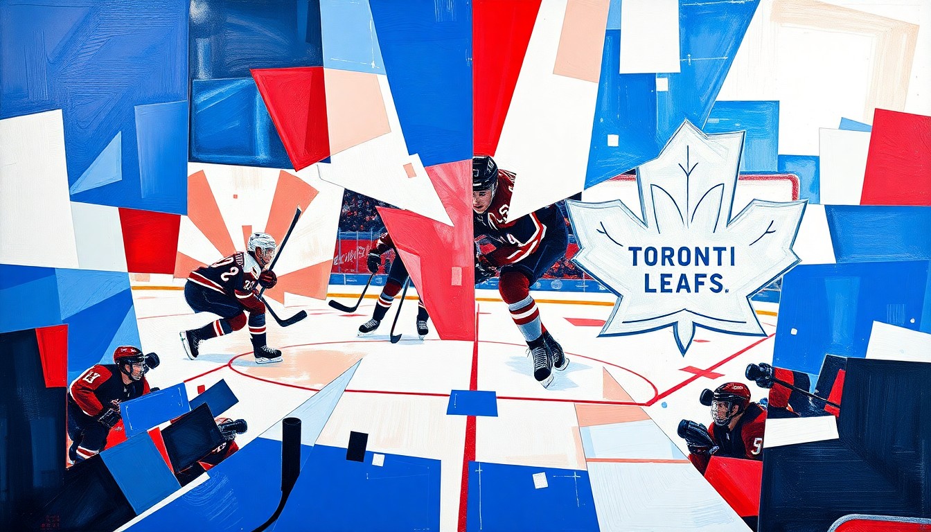 A cubist, geometric painting depicting a hockey game in motion, with sharp, overlapping planes of blue, red, and white representing the teams in action.