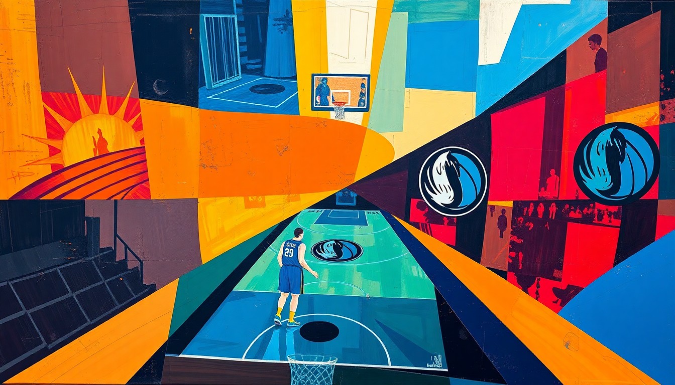 A cubist, geometric painting depicting a basketball game between the Phoenix Suns and Dallas Mavericks, with sharp, overlapping planes of color representing the action on the court.