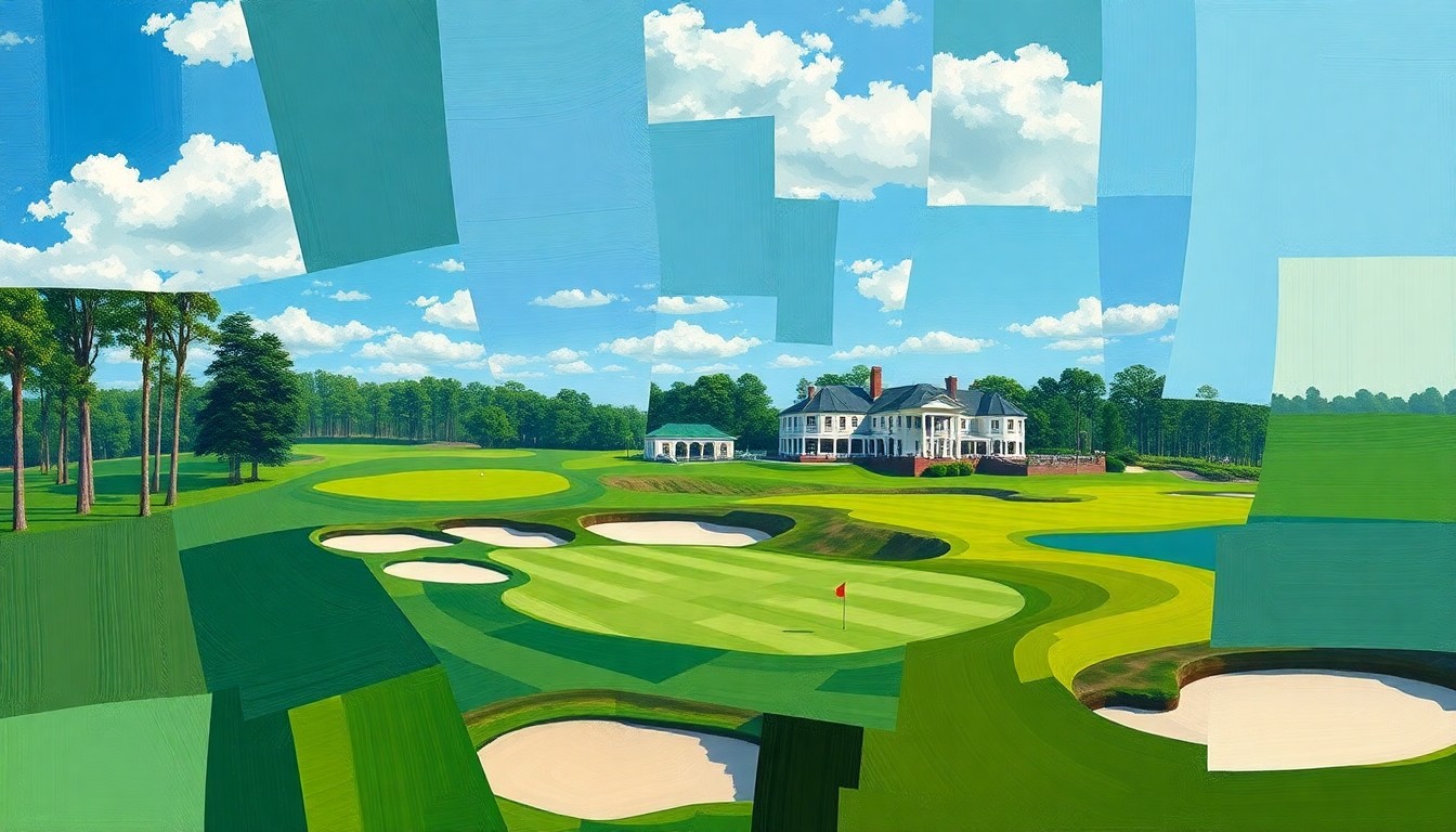 A fractured, cubist-style painting depicting the iconic Augusta National golf course, with its fairways, sand traps, and clubhouse broken down into sharp, overlapping geometric shapes and planes of green, brown, and white.