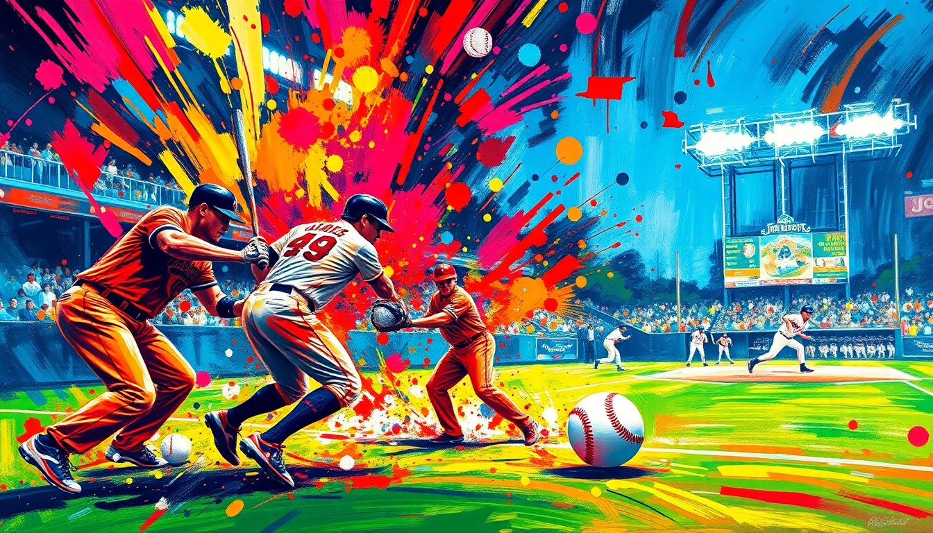 An abstract, energetic painting featuring bold strokes of neon colors representing the action and excitement of a high-scoring baseball game between the Minnesota Twins and Detroit Tigers.
