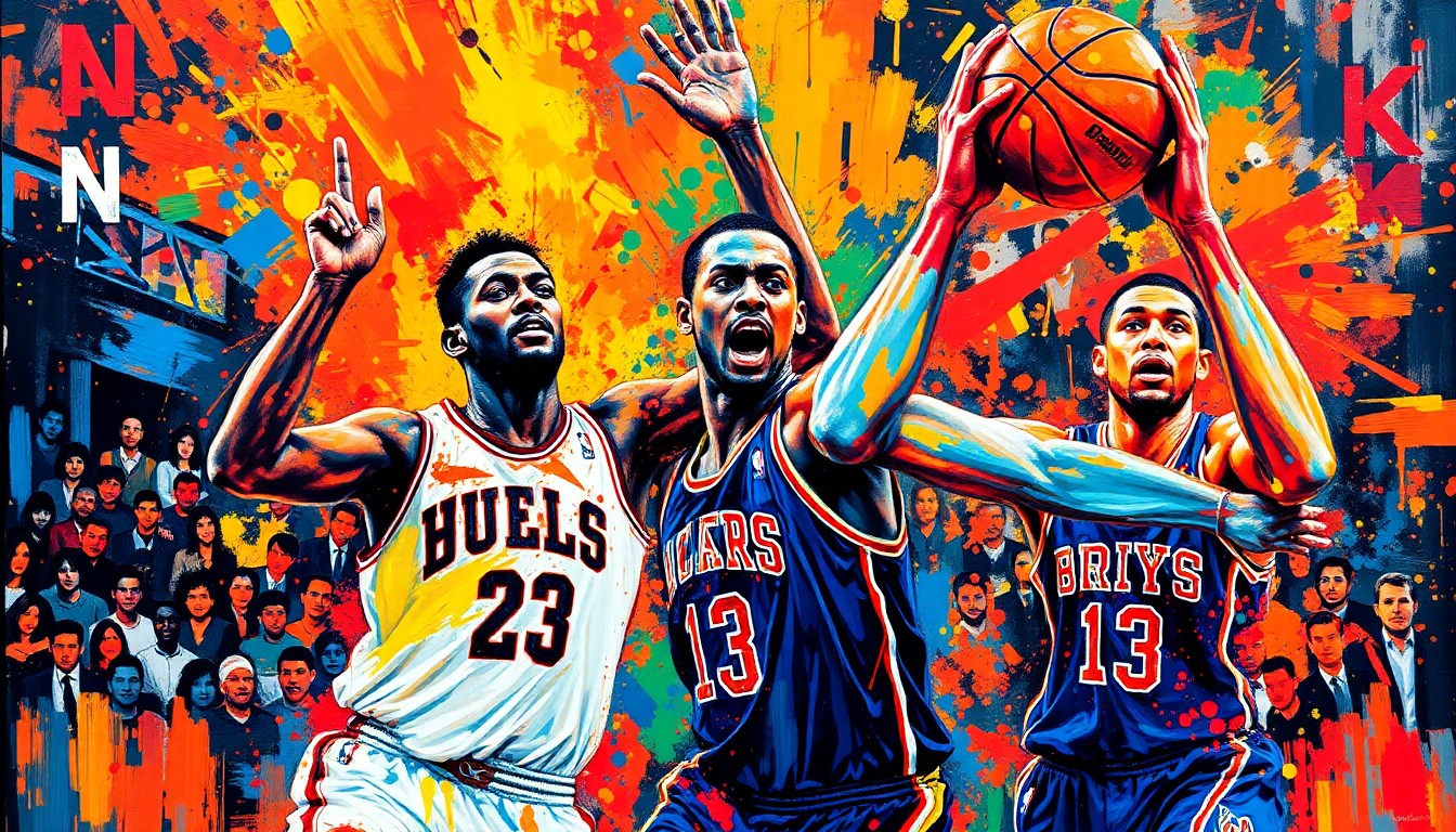 An abstract, energetic painting featuring bold, neon-colored brushstrokes that capture the intensity of a basketball game, with players' forms blending into the dynamic composition.