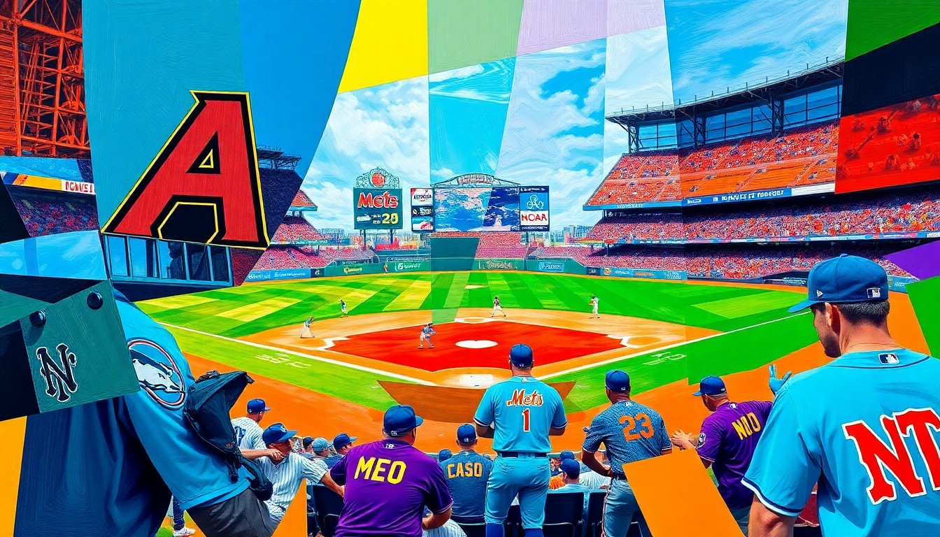 A fractured, geometric painting depicting a baseball game between the Arizona Diamondbacks and New York Mets, with sharp, overlapping planes of vibrant colors representing the players and action on the field.