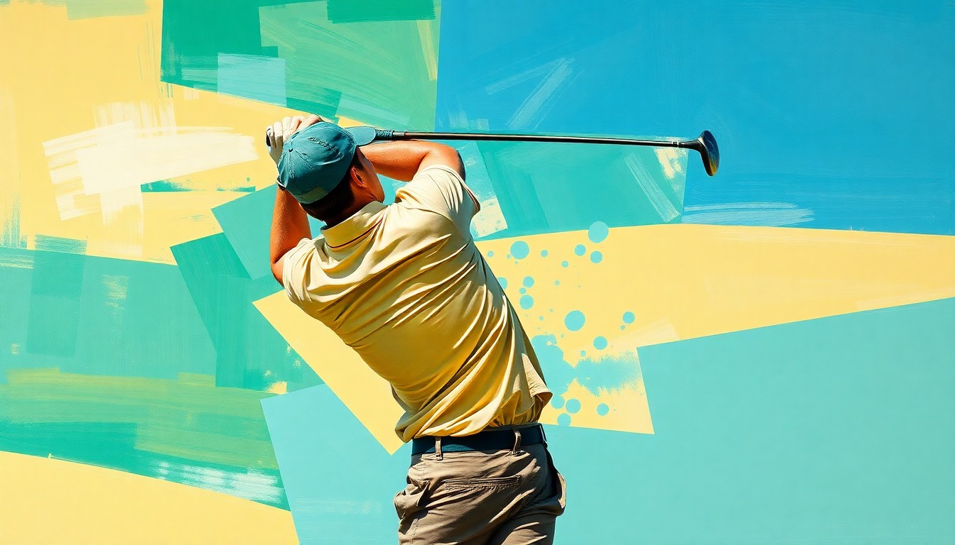 A fractured, cubist-style painting depicting a golfer in mid-swing, their form broken into overlapping geometric shapes in shades of green, tan, and blue, conceptually representing the Masters' strict rules and commitment to an undistracted atmosphere.