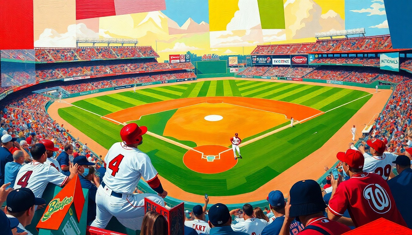 A cubist-style painting featuring overlapping geometric shapes and planes in the colors of the Cardinals and Nationals uniforms, conveying the dynamic action of a baseball game.