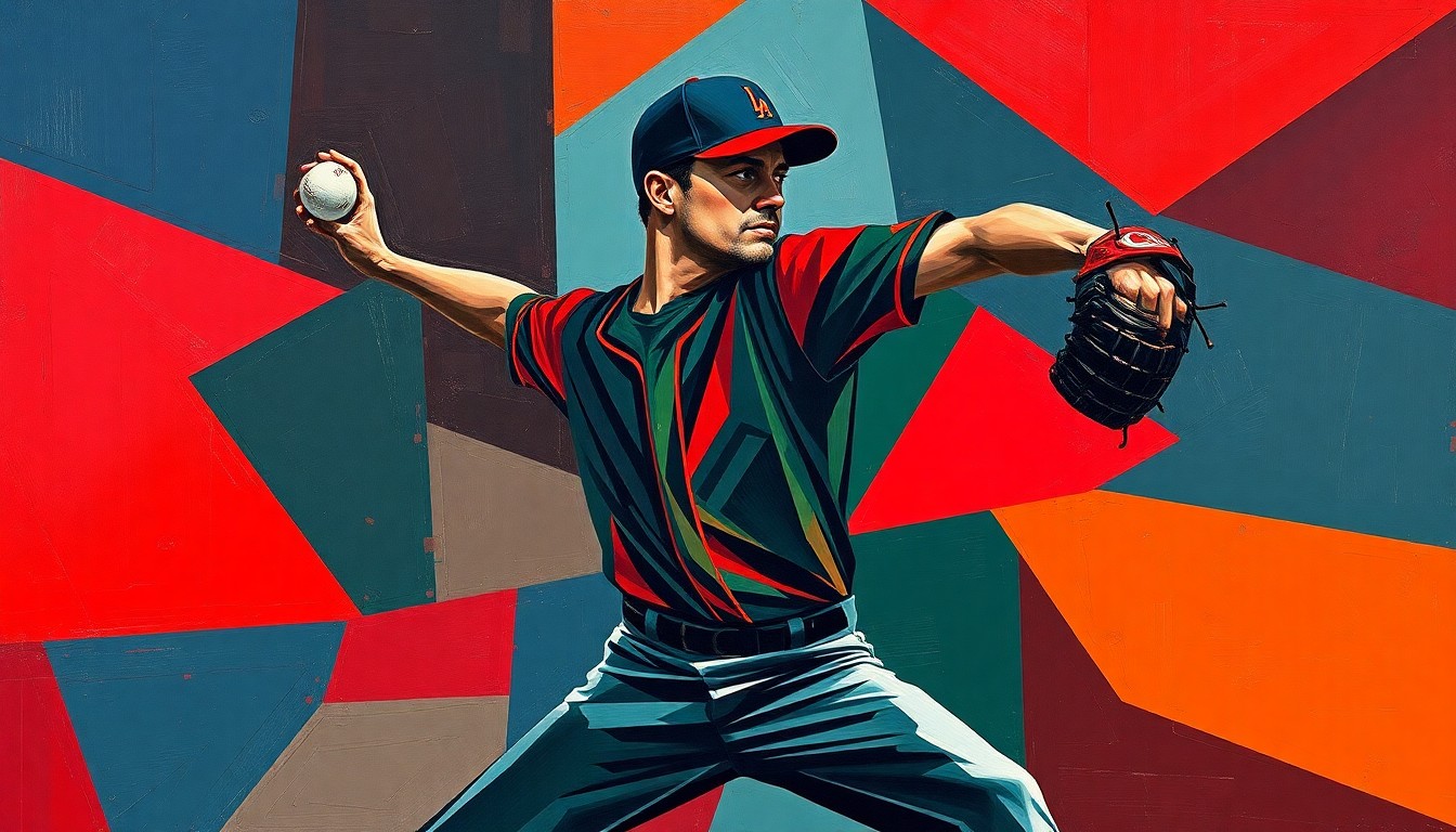 A cubist-style painting depicting a baseball pitcher's windup and delivery broken down into sharp, overlapping geometric shapes in a palette of deep red, navy blue, and forest green, conveying the raw power and athleticism of the sport.