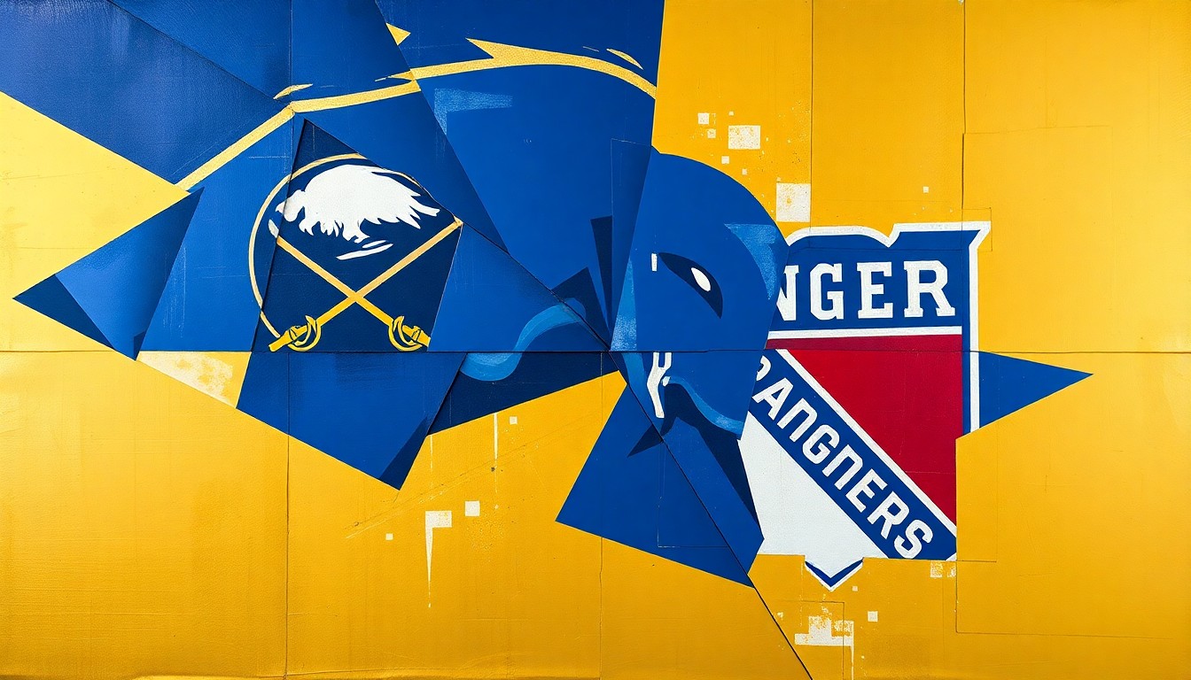 A cubist, geometric painting depicting a hockey game between the Buffalo Sabres and New York Rangers, with sharp, overlapping planes of blue, gold, and red representing the players and action on the ice.