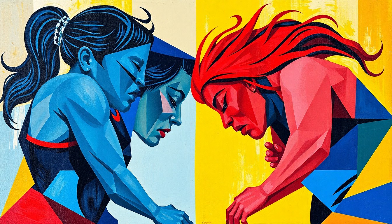 A cubist, geometric painting depicting an abstract, multi-perspective representation of a women's wrestling match, with the four competitors rendered as angular, overlapping forms in a vibrant color palette.