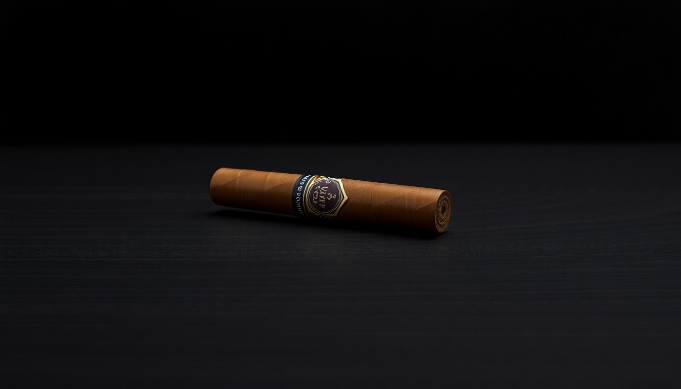 A photorealistic studio still life of a single Dinara cigar resting on a dark wooden surface, showcasing its elegant design and craftsmanship against a clean, monochromatic background.