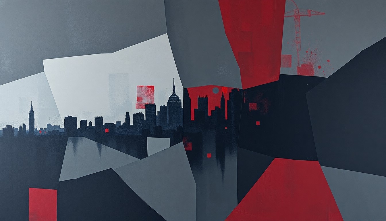 An abstract, fragmented painting in dark, muted tones depicting the silhouette of a city skyline repeated in overlapping geometric waves, conveying a sense of tension and division.