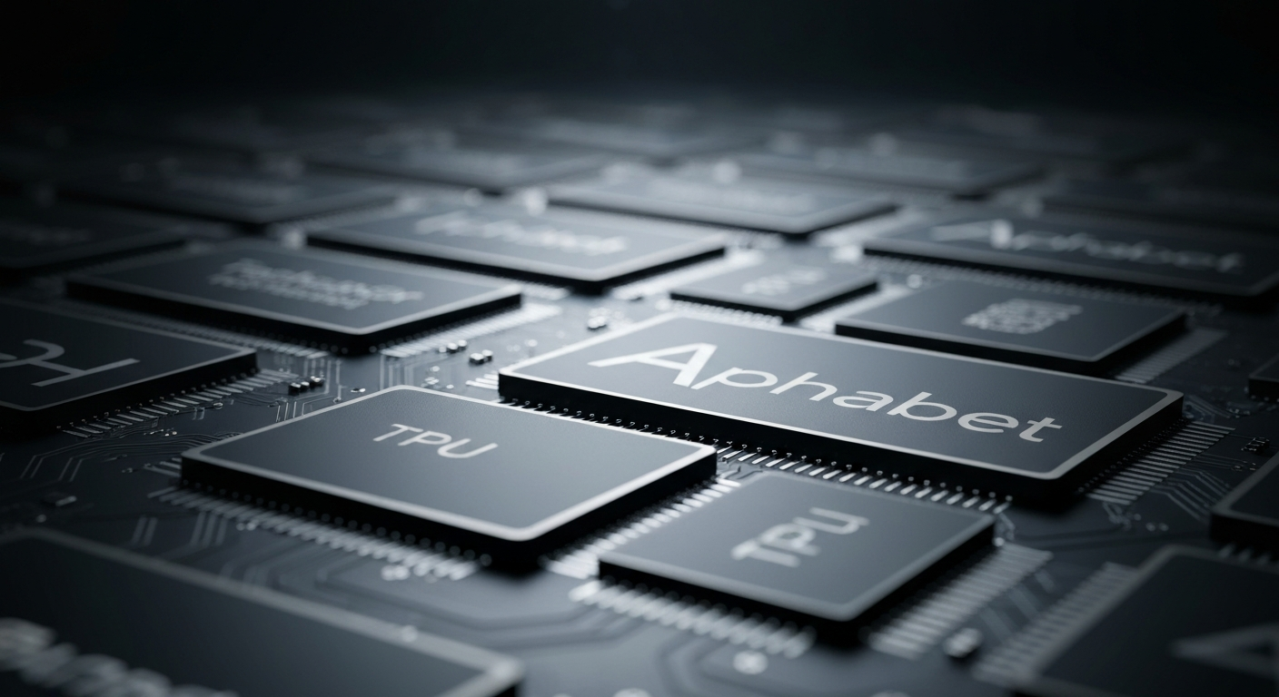 An extreme close-up of a highly detailed, metallic Tensor Processing Unit (TPU) chip, dramatically lit against a dark background to represent Alphabet's massive investment in AI infrastructure and the complex financial and regulatory forces shaping the company's future.