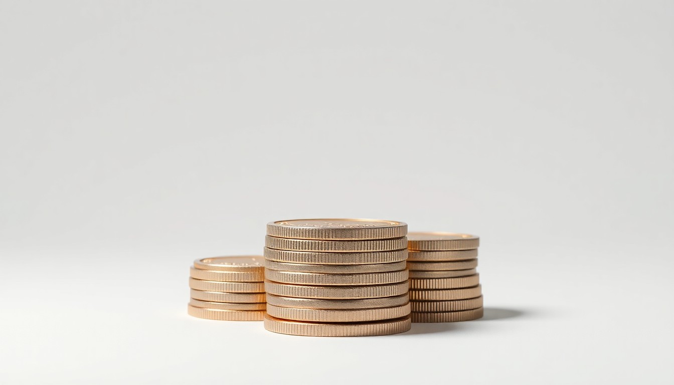 A minimalist studio photograph featuring a stack of polished metal coins or tokens floating on a clean, monochromatic background, conceptually representing corporate finance and stock market activity.