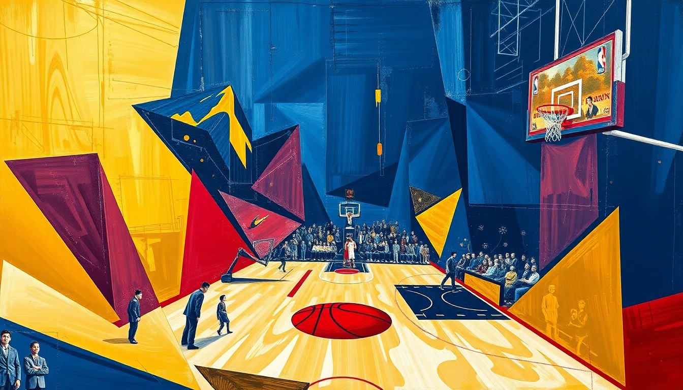 A fragmented, geometric painting in bold blues, golds, and reds, capturing the energy and movement of a Denver Nuggets basketball game in an abstract, cubist style.