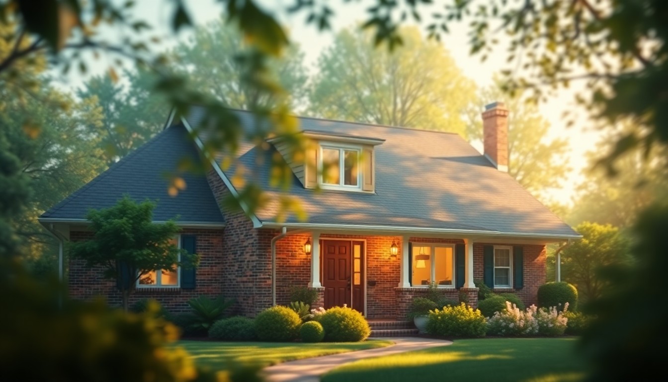 An abstract, impressionistic photograph of a residential home partially obscured by soft, blurred foliage and warm, glowing light, conveying a sense of tranquility and comfort.
