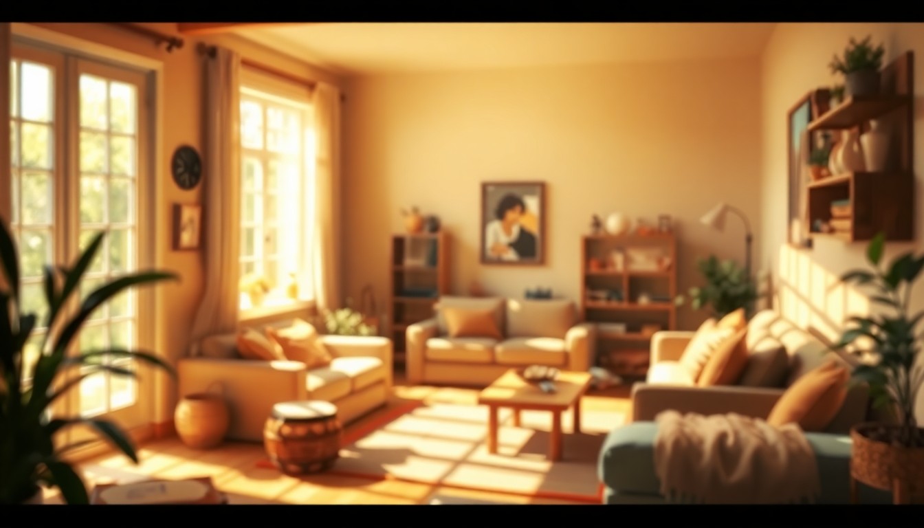 An abstract, out-of-focus photograph of a cozy, sun-filled living room, capturing the warm and inviting atmosphere of a well-appointed family home.