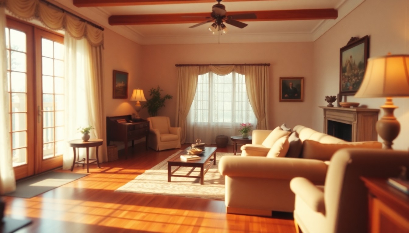 An abstract, out-of-focus photograph in warm tones, depicting the soft, inviting atmosphere of a well-appointed living room with hardwood floors, plush furnishings, and natural light filtering through lace curtains.