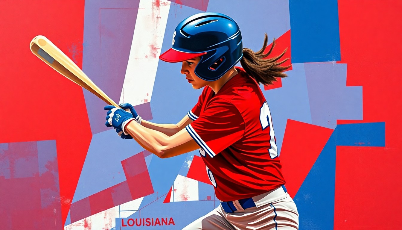 A fractured, geometric painting depicting a softball player's batting motion, with sharp planes of vermilion red and university blue representing the dynamic energy of the sport.