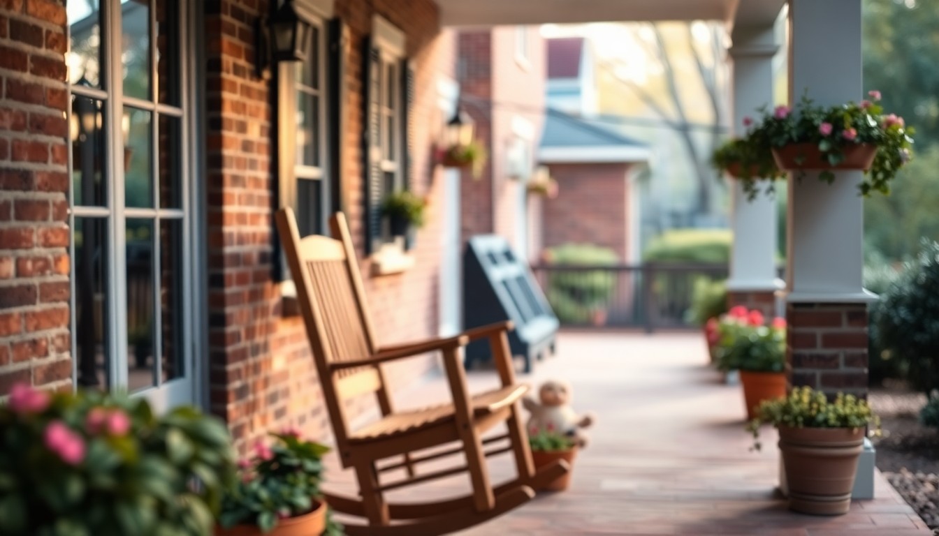 An extremely abstracted, out-of-focus photograph of a cozy front porch with a wooden rocking chair, potted plants, and a brick facade in the background, all bathed in warm, diffused light, conceptually representing the timeless character and welcoming atmosphere of the Hagerstown townhouse.