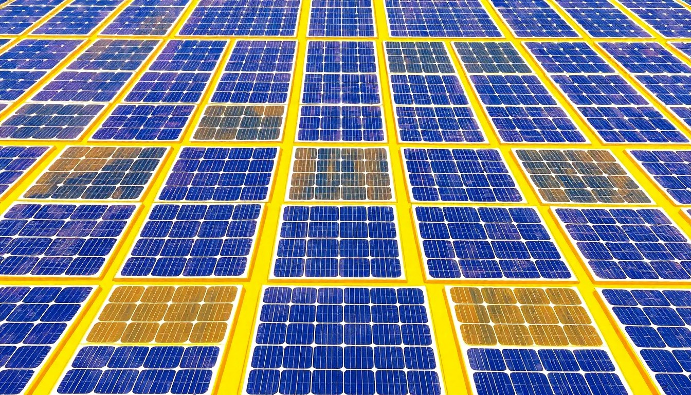 A vibrant, pop art-inspired illustration featuring a repeating pattern of solar panels in shades of blue, green, and orange, conveying the property's eco-friendly, off-the-grid lifestyle.