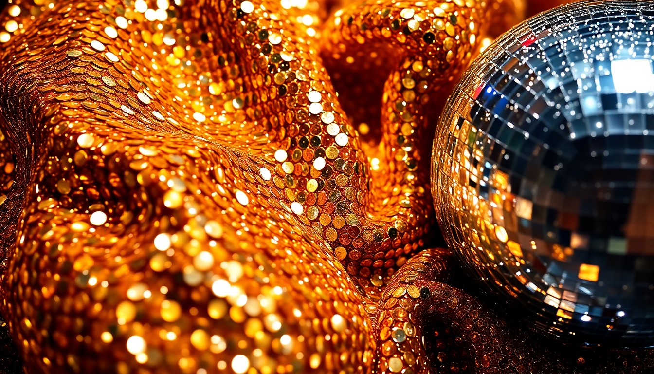 An abstract close-up photograph featuring dramatic, high-contrast lighting on luxurious textures like sequins and velvet, conceptually representing the glamour and excess of celebrity culture.