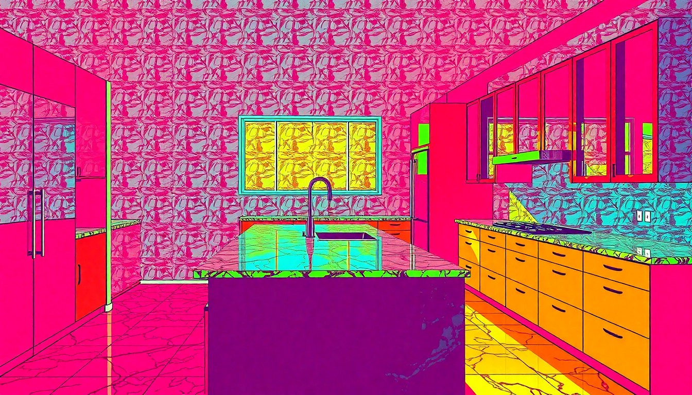 A brightly colored, high-contrast silkscreen print of a modern kitchen island with leathered granite countertops, repeated in a tight grid pattern to create a vibrant, abstract pop art composition.