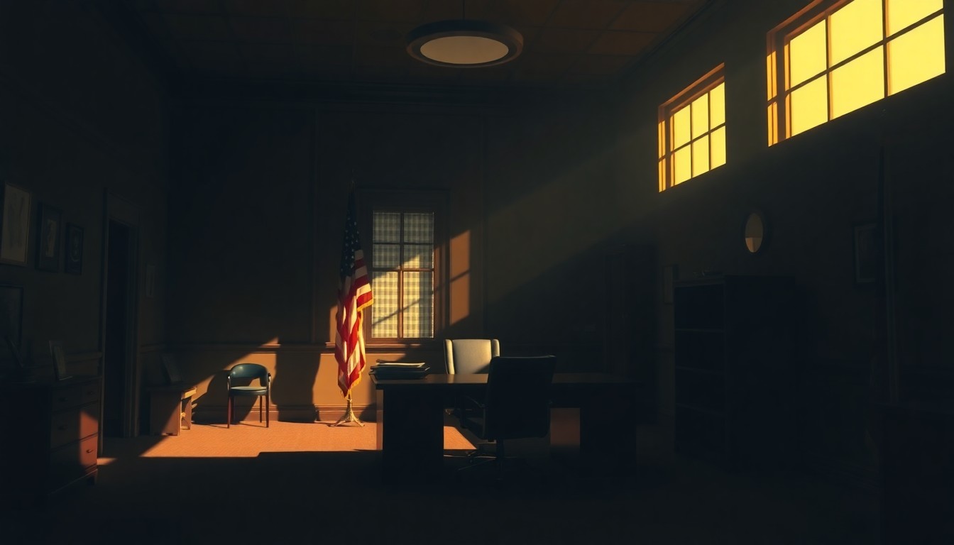 A dimly lit, cinematic government office interior with a lone desk, chair, and American flag in the background, bathed in warm, diagonal sunlight and deep shadows, conceptually representing the difficult decisions facing policymakers in the U.S.-Iran conflict.