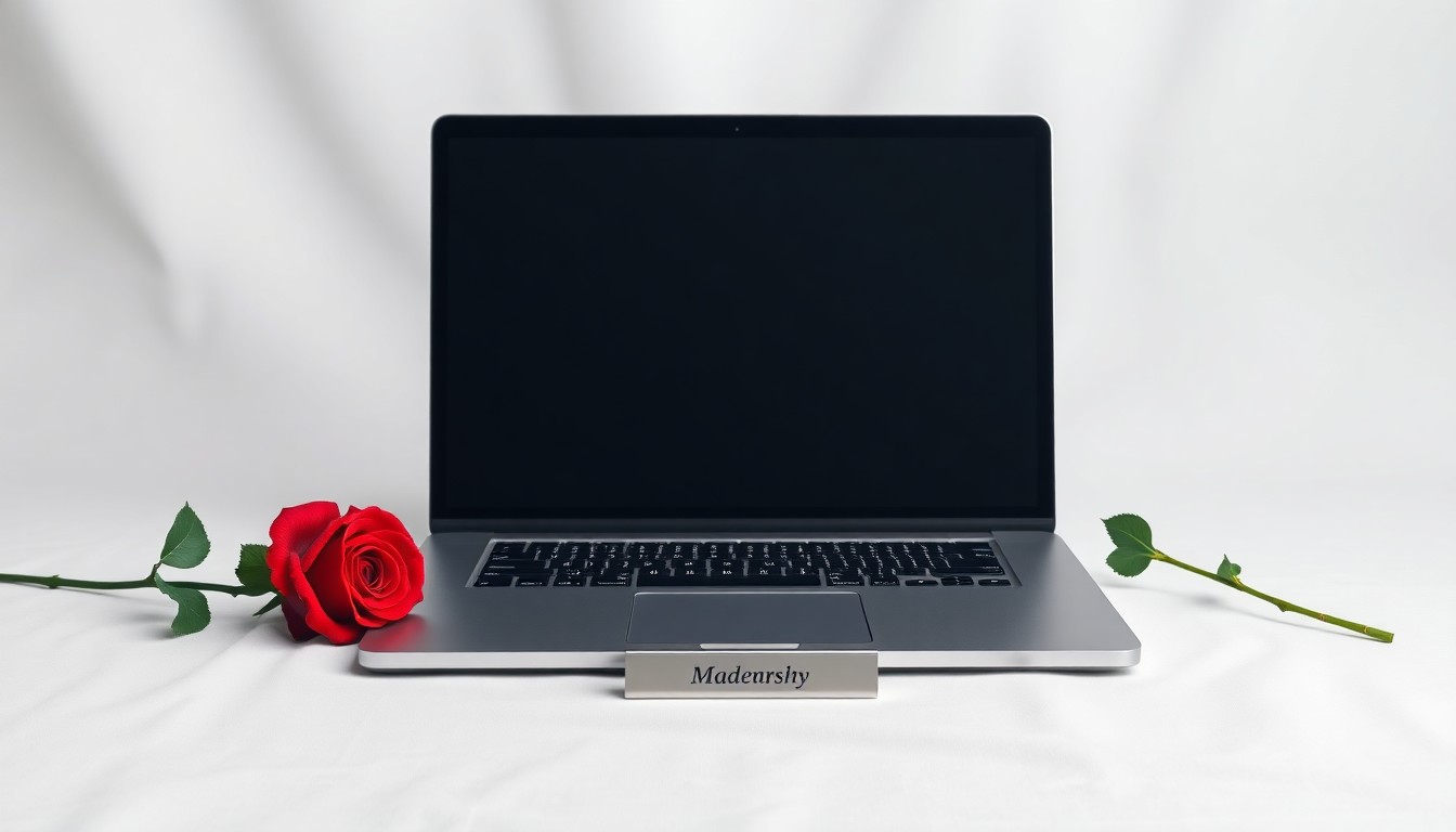 A photorealistic studio still-life featuring a sleek laptop computer, a polished metal nameplate, and a single red rose, arranged elegantly on a clean white background to symbolize the transition of leadership and innovation at Holmans USA.